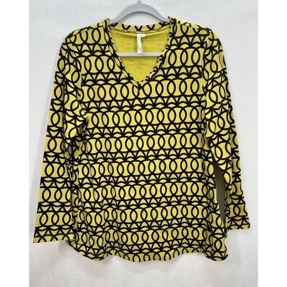 Lulu-B Geometric Circles Top Womens Small Deep Marigold Yellow Stretch V-Neck - Picture 1 of 7